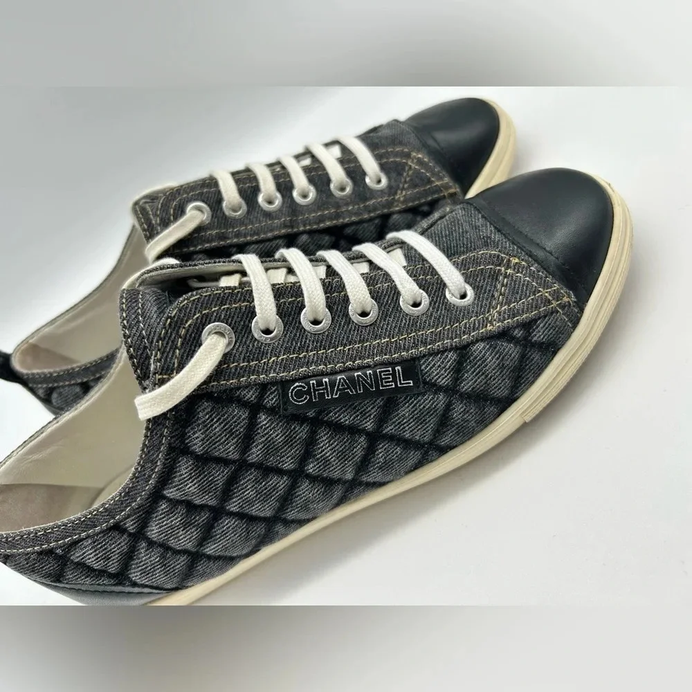 Chanel quilted denim leather lined low top sneakers shoes authentic 38